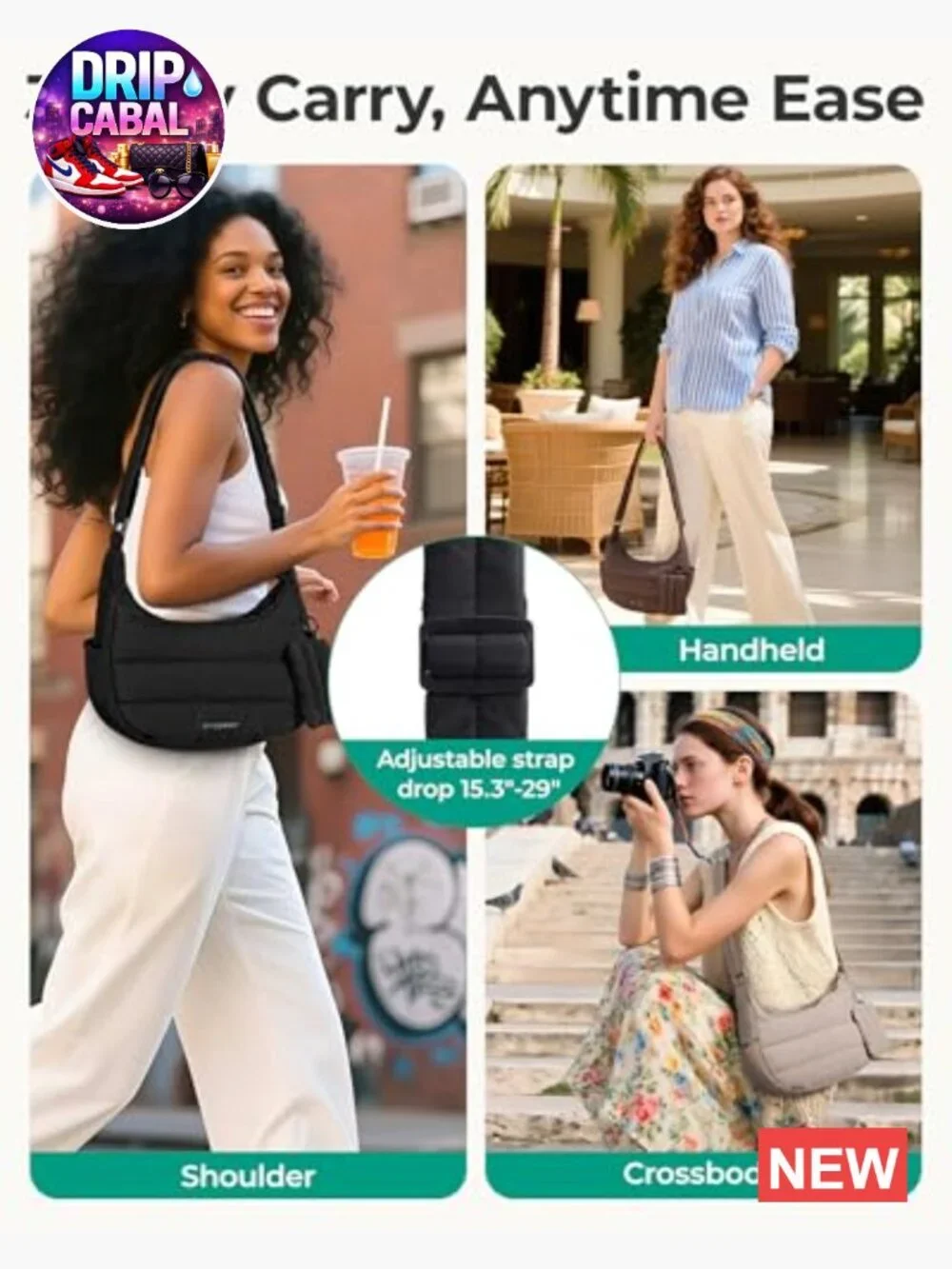 Quilted Puffer Hobo Crossbody Bag with Adjustable Strap, 3-Way Carry,